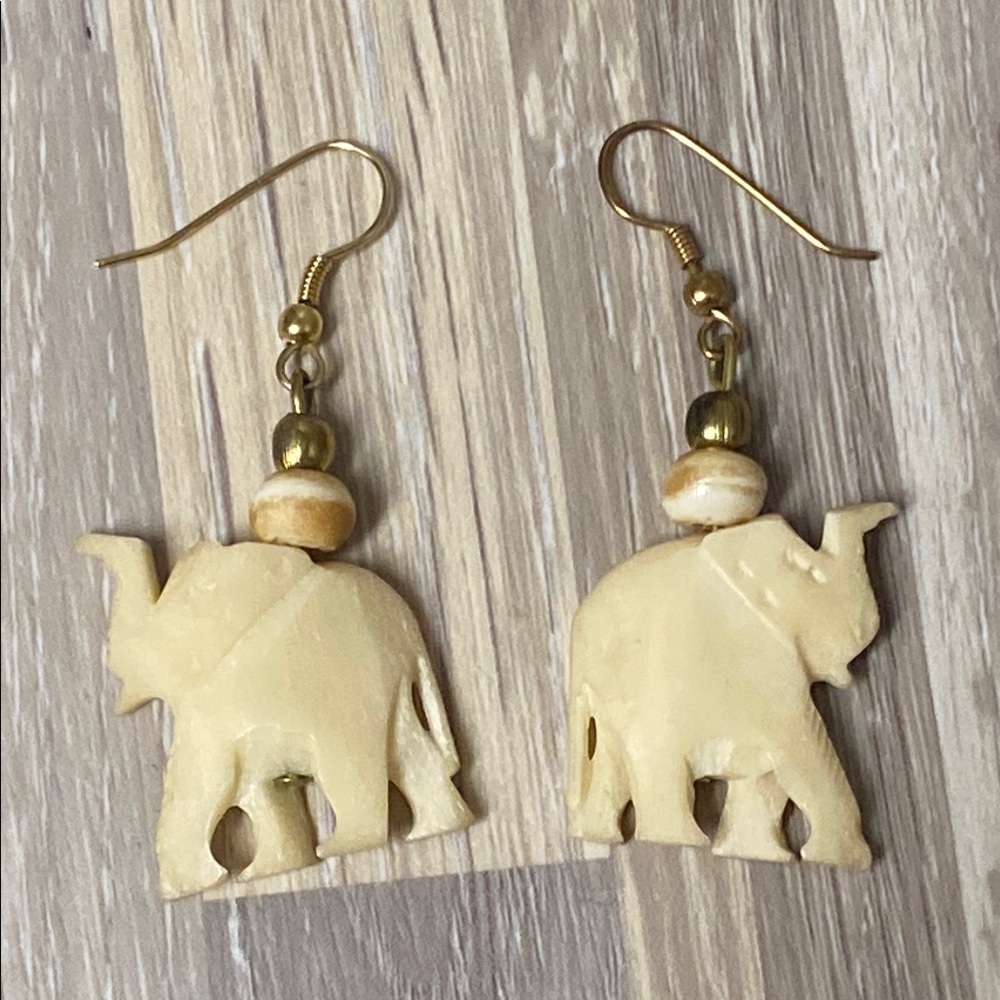 Elephant with trunk up ivory Shaped Earrings with Gold Accents vintage